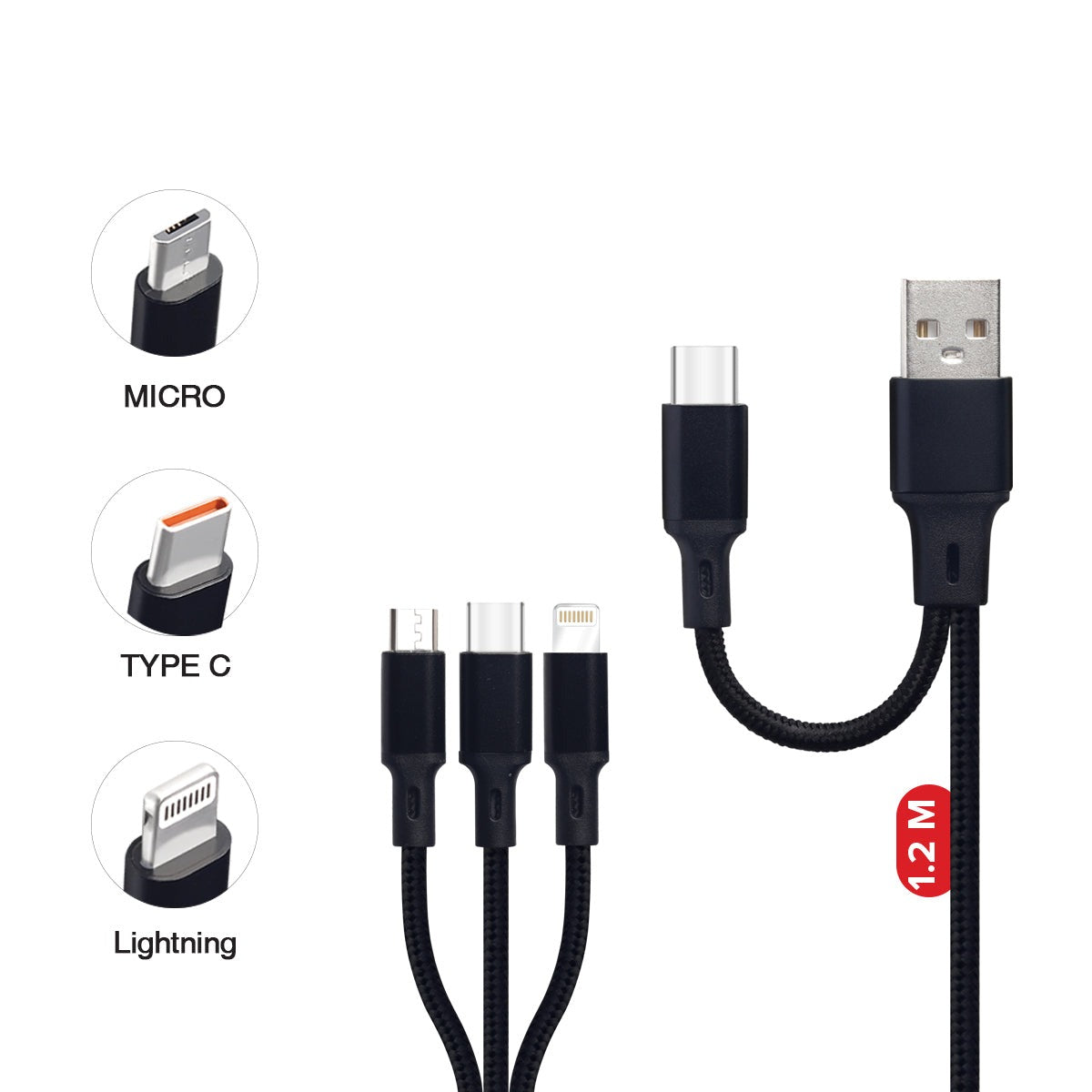 Type C Cable 1.2 M PKC6IN1-BLK (Compatible with Iphone series Type C, Micro USB in One Cable)(Black)