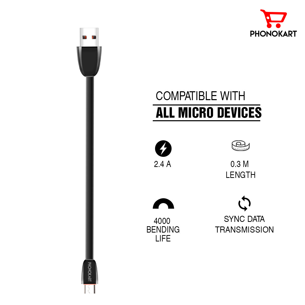 Micro USB Cable 2.4 A (0.3M) TPE SPORTS Short (Compatible with MOBILE, Power bank, TABLET, One Cable)(Black)