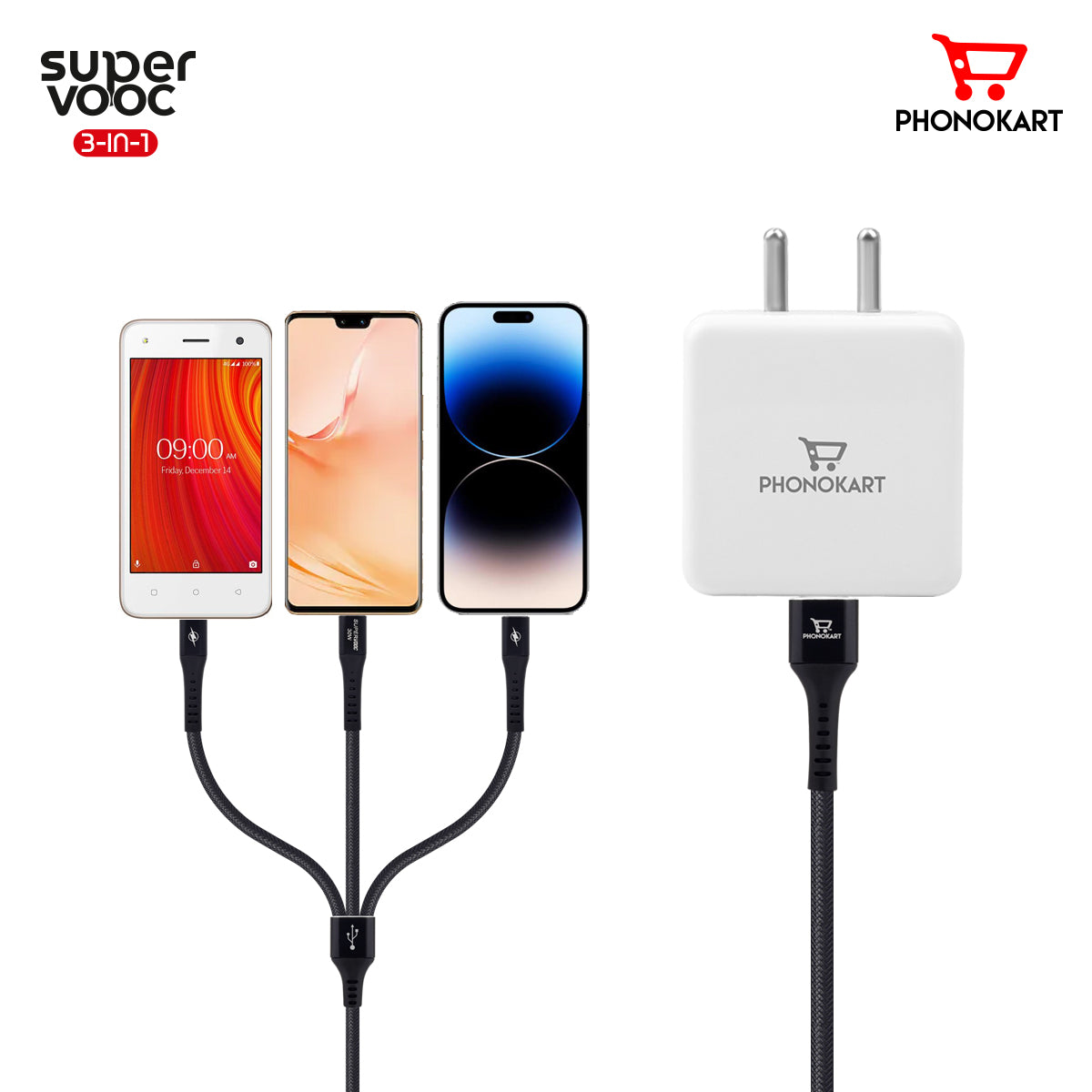 SUPER VOOC 3 in 1 Multi Port Charging (30W) 6 A 1.5 M USB Type C Cable  (Compatible with Mobiles,Tablets,  One Cable)(Black)