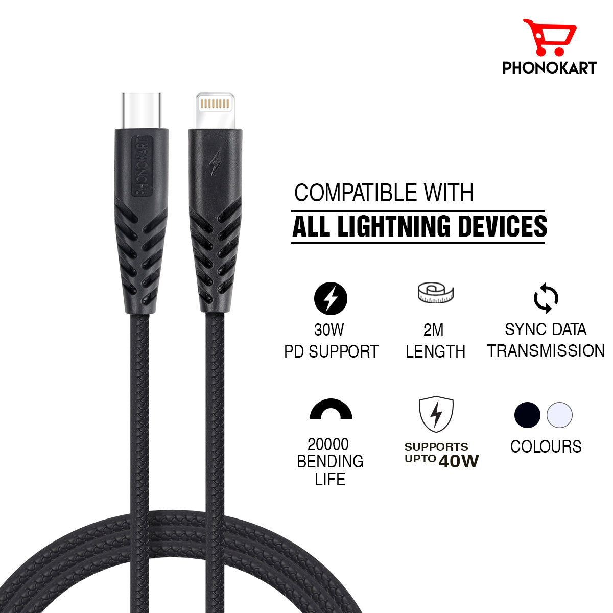 Lightning Cable 2M TPE BRAIDED PKSWIFTCL2-BLK (Compatible with iPhone Models, One Cable)(Black)