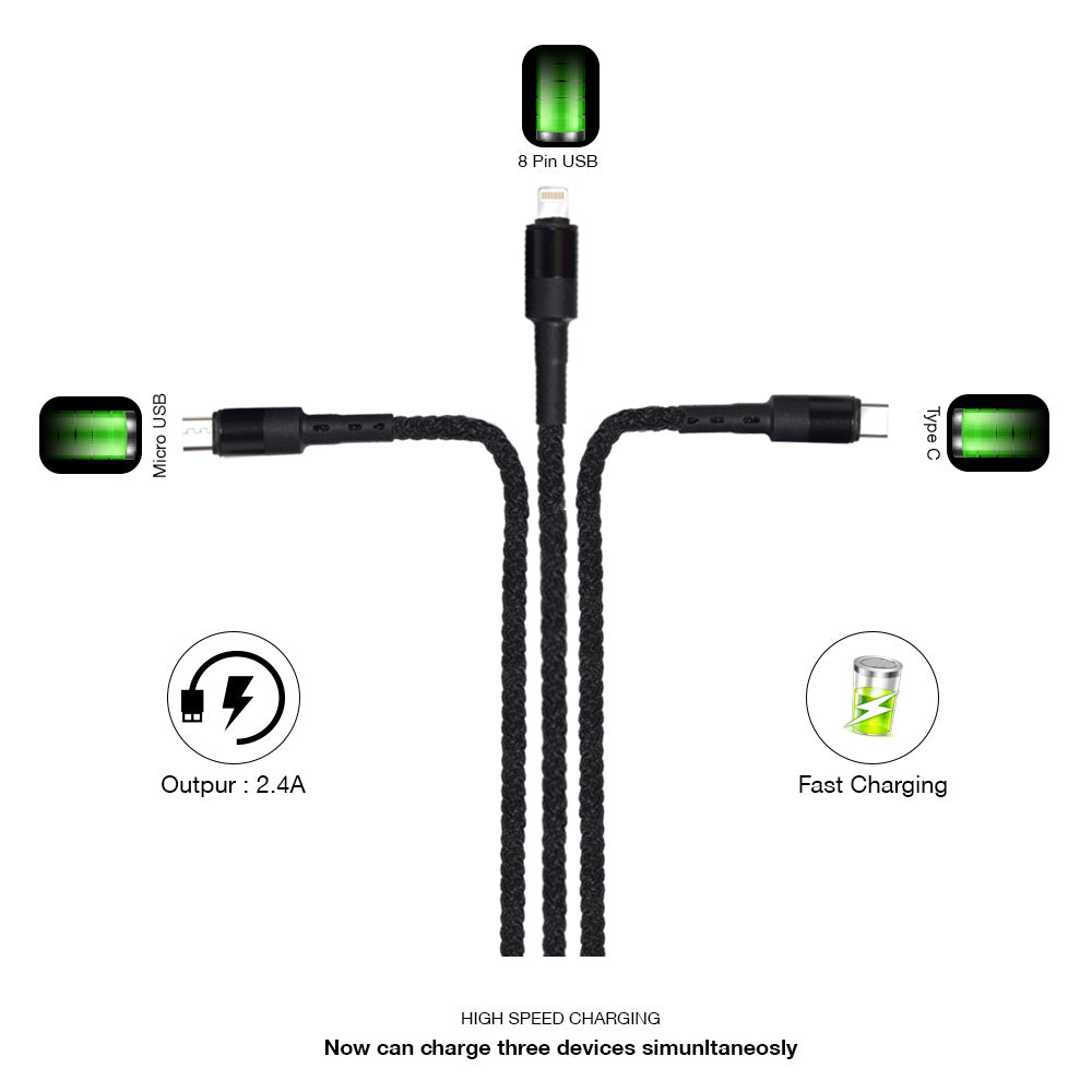 Trinity 3 in 1 Short power bank  USB Cable (BLACK)