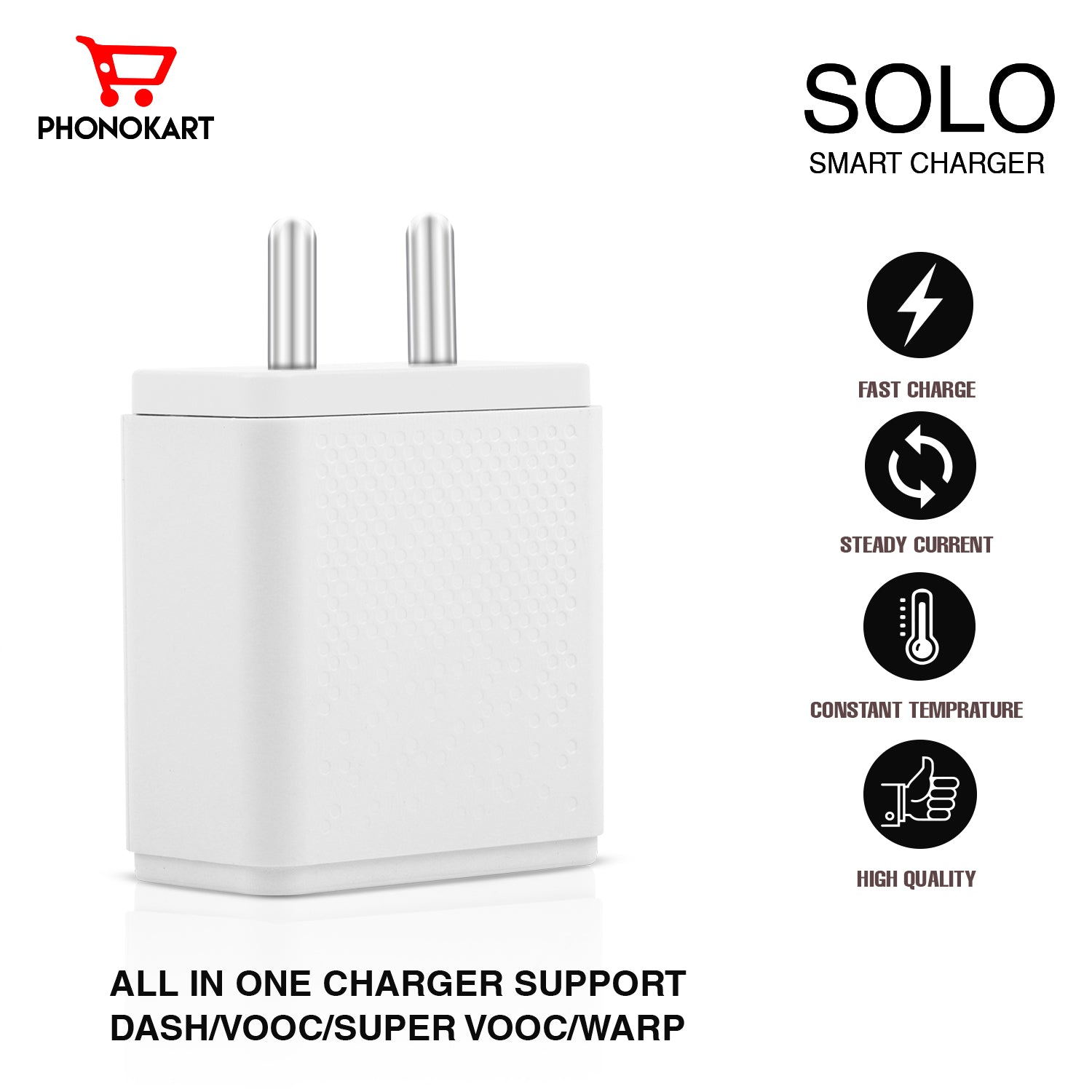 SOLO SMART MOBILE CHARGER (QC 3.0)(30W/6AMPS) WITH LIGHTNING CABLE  30W (WHITE)