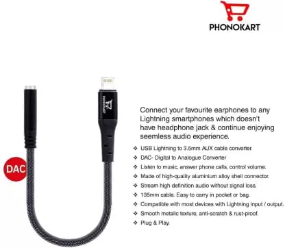 LIGHTNING TO 3.5MM HEADPHONE JACK CONNECTOR (Compatible with Mobile)(BLACK)